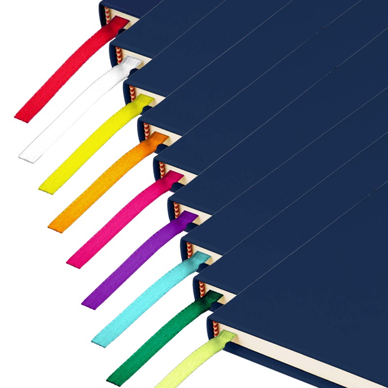 Contrast Ribbon Image showing A5 Blue Contrast Promotional Notebooks with brightly coloured contrasting ribbons hanging out of their bottoms against a white background.