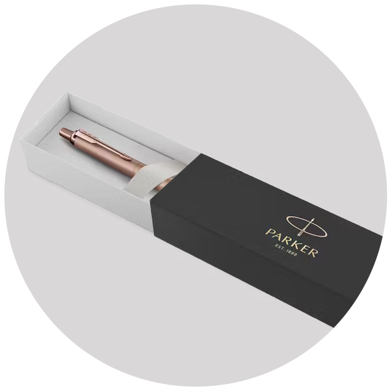 Image showing the Parker Branded box with one of the Promotional Parker Pens called Xl Monochrome from The Notebook Warehouse. The pen is available in four monochrome colours including Rose Gold