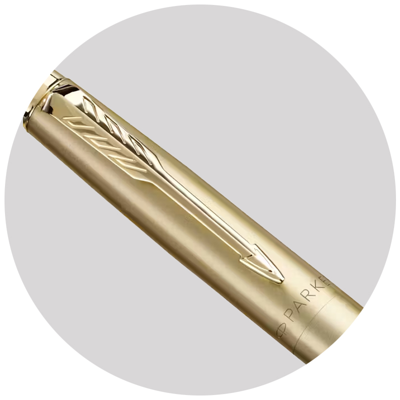 Image showing the shiny arrow clip on the Promotional Parker Pens called Xl Monochrome from The Notebook Warehouse. Available in four monochrome colours including Gold