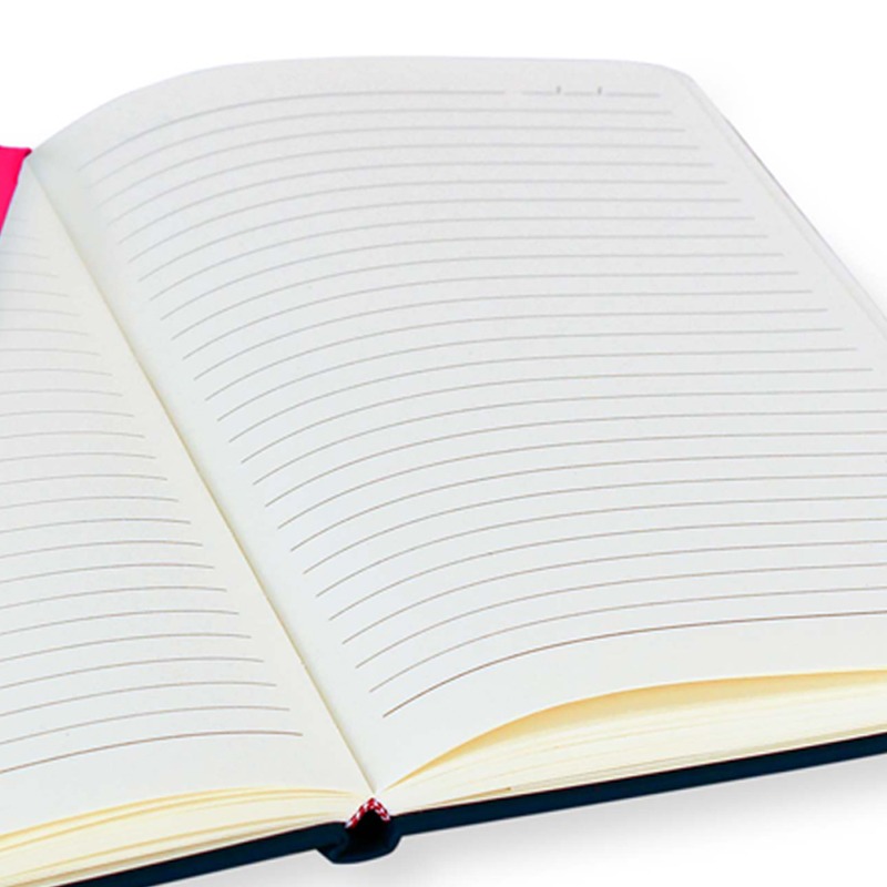 Lined Pages Opened Morretto Blue Contrast Promotional notebook showing the interior Lined Pages